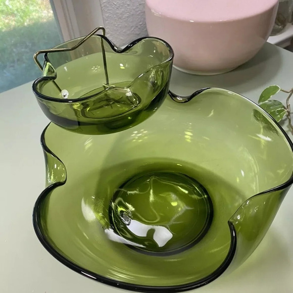 Vintage Anchor Hocking NOS Avocado green chip & dip bowl w/ clip. Original box - Picture 2 of 8